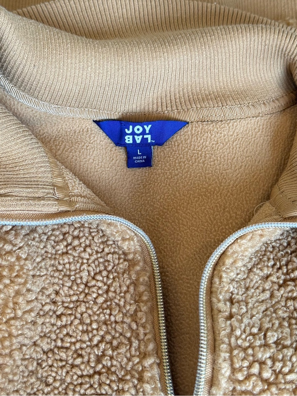 JoyLab Sherpa 1/4 Zip Teddy Camel Tan and Gold Zipper Jacket with Kangaroo Pouch - Picture 4 of 4